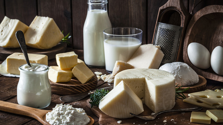 Dairy products shot on a rustic wooden table